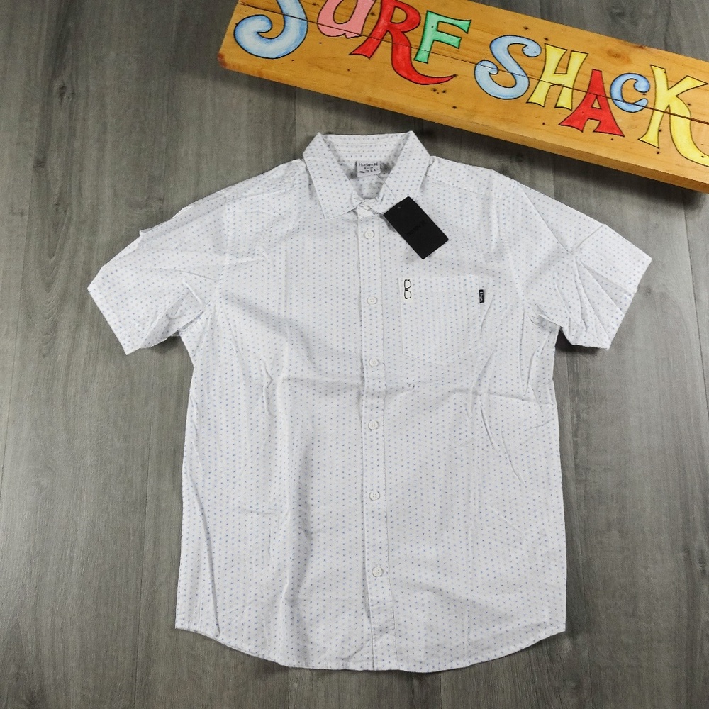 Mens Hurley Coastal Dunes White Blue Button Down / Up Short Sleeve Shirt Size S
